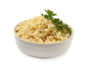 Delicious bulgur with parsley in bowl isolated on white
