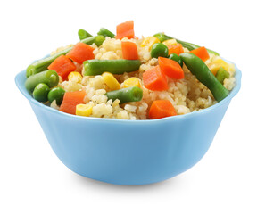 Delicious bulgur with vegetables in bowl isolated on white