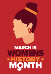 Women's History Month. Celebrated annual in March, to mark women’s contribution to history. Female symbol. Women's rights. Girl power in world. Poster, postcard, banner. Vector illustration