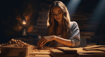 Young woman carving intricate designs into wood in a sunlit workshop