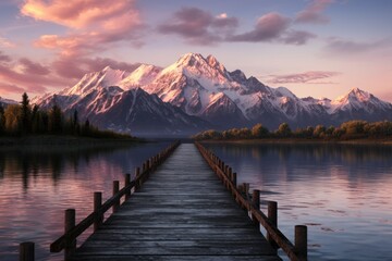 wooden pier stretches into a tranquil lake reflecting the pink hues of dusk, with majestic snow capped mountains towering in the background