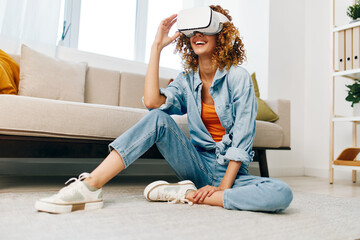 Virtual Reality: A Modern Woman's Joyful Indoor Entertainment in the Comfort of her Home