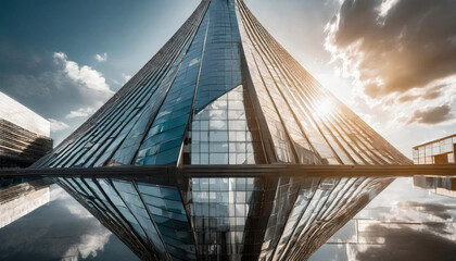 futuristic skyscraper with a unique, asymmetrical design, reflecting sunlight on its glass facade