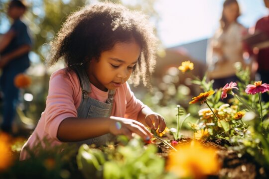 young child is immersed in nature, tenderly tending to flowers in a community garden, blurred background