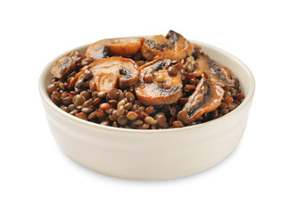 Delicious lentils with mushrooms in bowl isolated on white