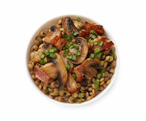 Delicious lentils with bacon and green onion in bowl isolated on white, top view