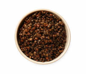 Delicious lentils in bowl isolated on white, top view