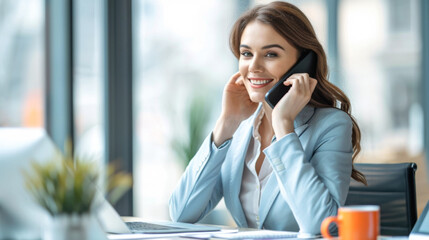 Smiling businesswoman sitting at her desk, talking on a smartphone with a computer monitor