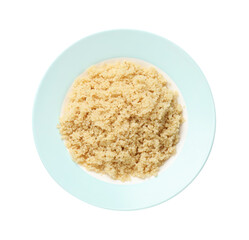 Plate with tasty cooked quinoa isolated on white, top view
