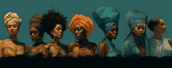 Lineup of African Women with Traditional Turbans. Black History Month concept