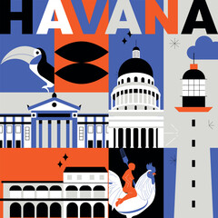 Typography word Havana branding technology concept. Collection of flat vector web icons. Cuban culture travel set, architectures, specialties detailed silhouette. Doodle famous landmarks.