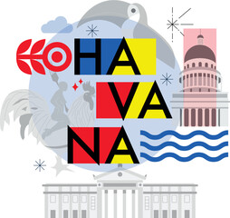 Typography word Havana branding technology concept. Collection of flat vector web icons. Cuban culture travel set, architectures, specialties detailed silhouette. Doodle famous landmarks.