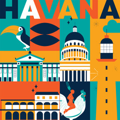 Typography word Havana branding technology concept. Collection of flat vector web icons. Cuban culture travel set, architectures, specialties detailed silhouette. Doodle famous landmarks.