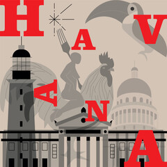 Typography word Havana branding technology concept. Collection of flat vector web icons. Cuban culture travel set, architectures, specialties detailed silhouette. Doodle famous landmarks.