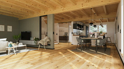 luxury cozy apartment interior living room with skandinavian elements and kitchen with  parquet floor and ceiling with beams of coniferous wood and big windows