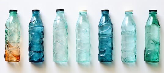 Assorted discarded plastic water bottles. various shapes and sizes on white background