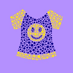 T-shirt with a smiley face made of small blue and yellow circles on purple background