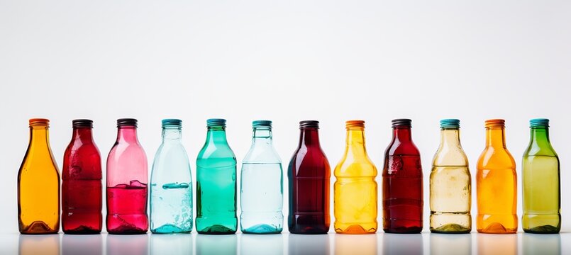 Assorted plastic water bottles collection on white background with space for text