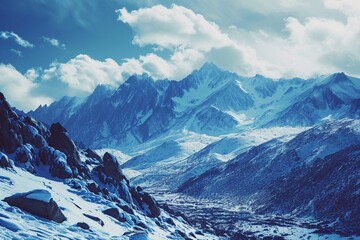 A high mountain pass with neon cobalt blue veins in the snow and rocks,