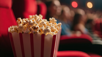 Striped popcorn box filled with popcorn is in focus in the foreground