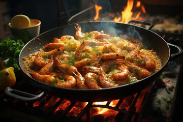 Shrimp bobó being prepared in a rustic kitchen with palm trees around Bahia., generative IA