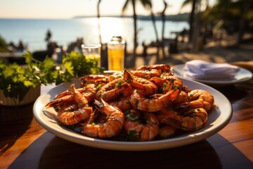 Shrimp bobó served in a restaurant by the river, with chammers and palm trees around Belém., generative IA - obrazy, fototapety, plakaty