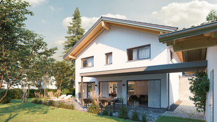 nice new build attached family house with garden and big windows with trees and bushes in europe