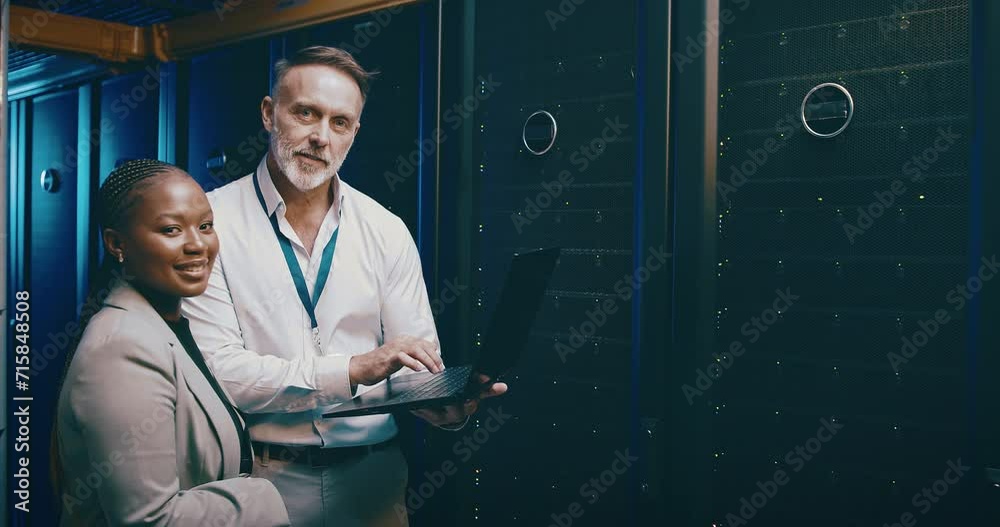 Poster People, teamwork and computer in server room for cloud computing, engineering and hardware solution. Face of senior man, woman or technician in data center, information technology code or programming