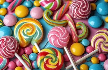 Various type candy and lollipops with colorful texture