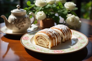 Roll cake cut into thin slices in an afternoon tea in Pernambuco, with flowers on the table., generative IA