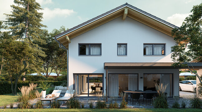 Fototapeta nice new build attached family house with garden and big windows with trees and bushes in europe