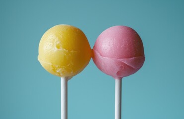 easter lollipops in pastel pink and yellow that is on a blue background