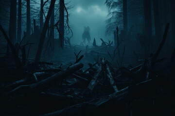Haunted Forest with a Mysterious Giant Silhouette