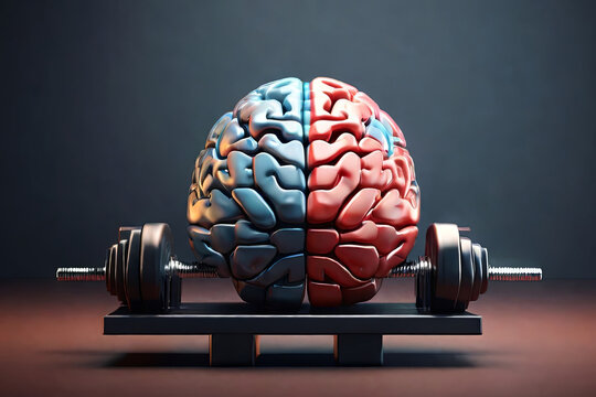 Brainpower Amplified. 3D render of a brain lifting weights, symbolizing mental strength and cognitive fitness. Boost your intellectual prowess.