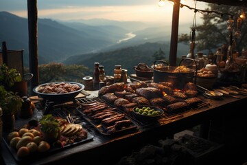 Gaucho barbecue in a parrilla overlooking the mountains of Rio Grande do Sul., generative IA - obrazy, fototapety, plakaty