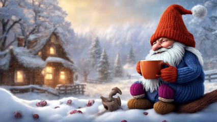 Ein Zwerg sitzt auf einem Holzscheit und trinkt warmen Tee. Das warme Haus im Winterwald ist hell erleuchtet. - obrazy, fototapety, plakaty