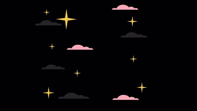 Sparkling stars in night sky clouds line 2D object animation. Midnight nighttime flat color cartoon 4K video, alpha channel. Starry night. Twinkling stars animated item on transparent background
