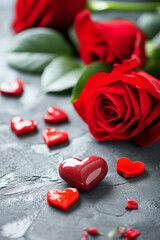 Red roses and red hearts on a stone background. Valentine's Day