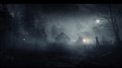 Overgrown haunted mansion in a moonlit swamp with fog. Generate AI image