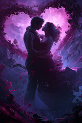 Beautiful couple in love dancing in the dark with purple smoke heart shape.