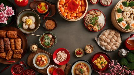 Top view of delicious chinese food meal on red table background for celebration Chinese New Year
