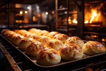 Cheese bread coming out of the oven in a mining bakery, with the delicious aroma in the air., generative IA