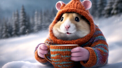 Ein Hamster mit gestrickter, warmer Kleidung hält eine Tasse mit einem warmen Getränk. - obrazy, fototapety, plakaty