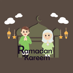 Happy ramadan kareem with kids character illustration. Moslem boy and girl Ramadan greeting card. 