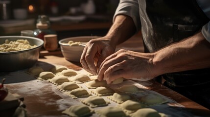 Crafted by skilled hands, ravioli takes shape on a wooden table, showcasing the culinary mastery of traditional homemade pasta.