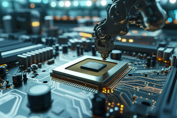Close-up of an industrial robot installing a central processing unit on a motherboard. Automation in Microchip Manufacturing - obrazy, fototapety, plakaty
