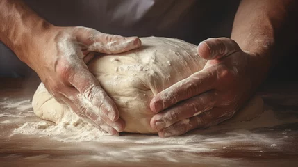 Foto op Plexiglas The tactile elegance of a baker's hands, covered in flour, meticulously kneading dough for a wholesome outcome. © Neuraldesign