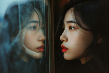 The young Azian woman looks at her reflection