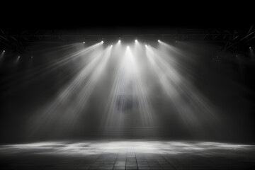 Stage with spotlights, smoke, and dramatic lighting on a dark background. Empty concert stage with copy space.