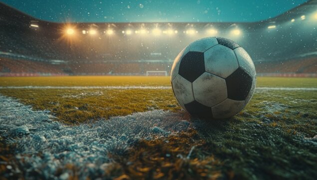 an image of a soccer ball inside an empty stadium at night